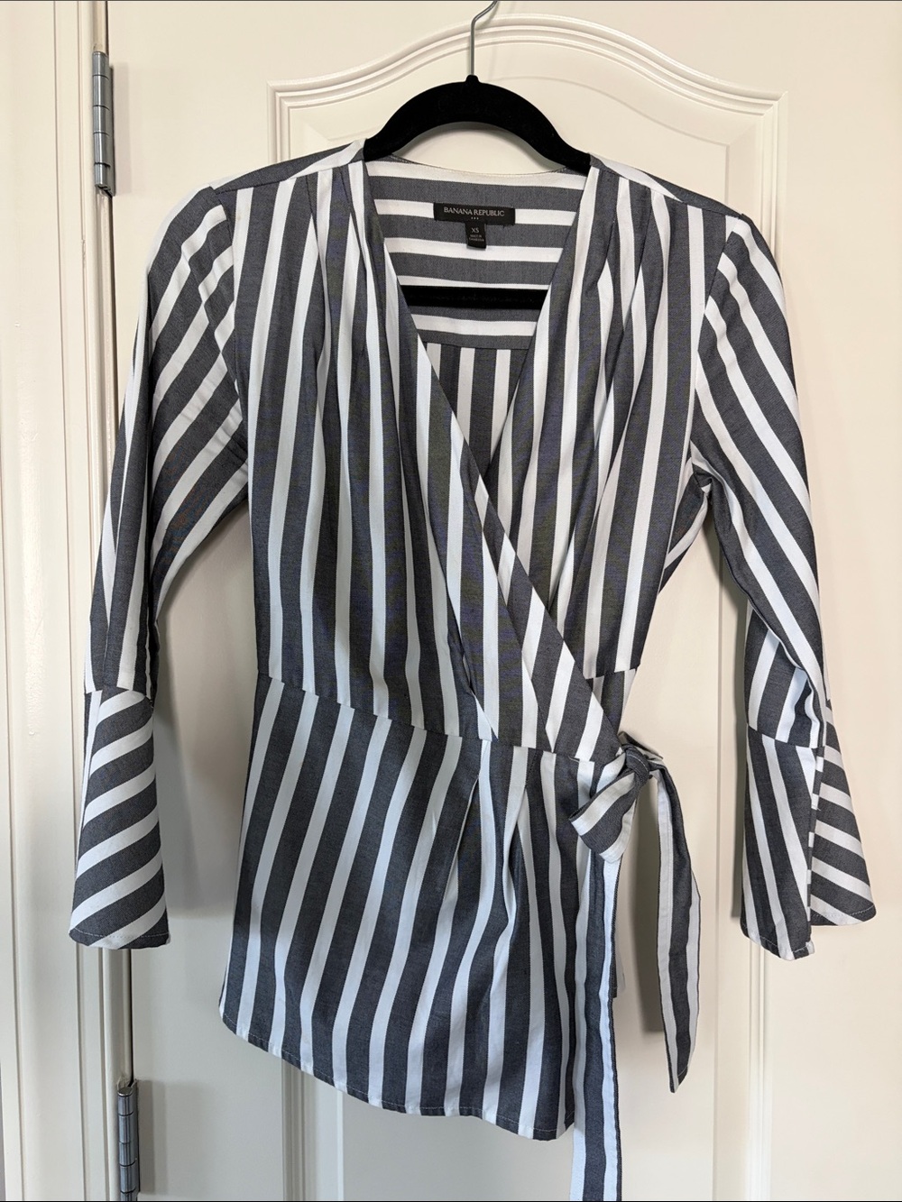 Banana Republic Black and White Striped Wrap Blouse